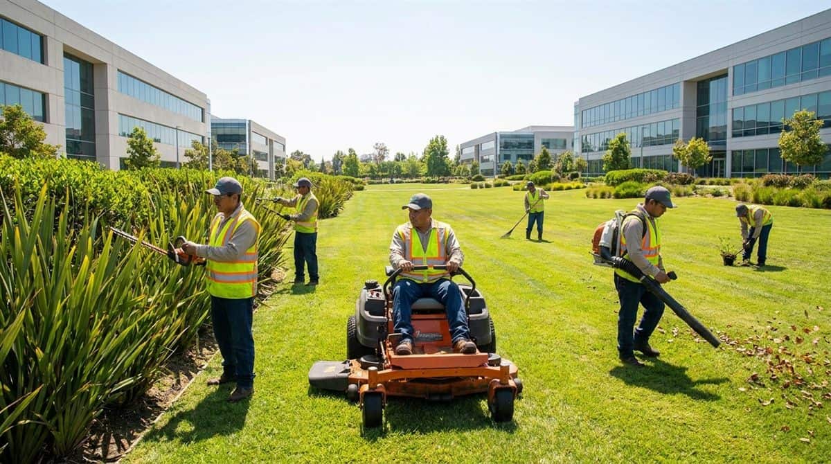 Cuadrilla de cinco jardineros trabajando coordinadamente en áreas verdes de edificio comercial con podadoras y sopladoras