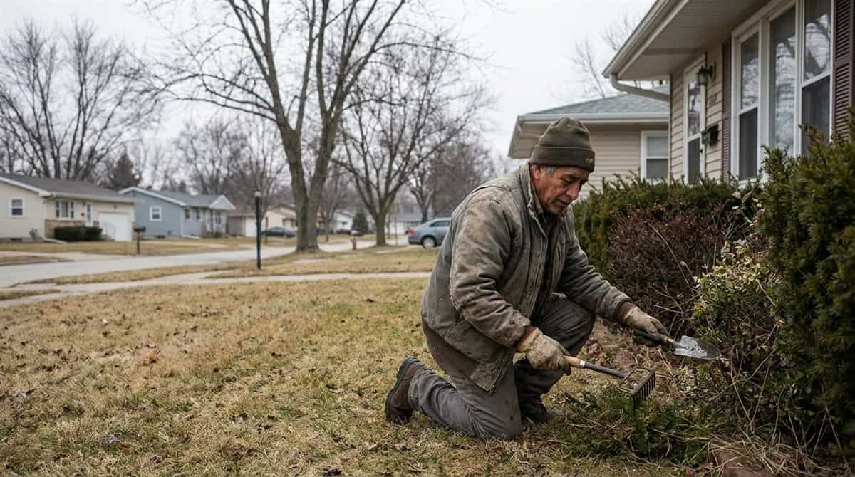 Jardinero trabajando solo en jardín residencial con herramientas manuales durante temporada seca de invierno