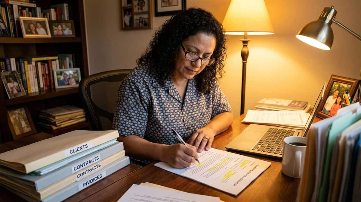 Dueña de empresa de limpieza revisando contrato con secciones resaltadas en oficina doméstica