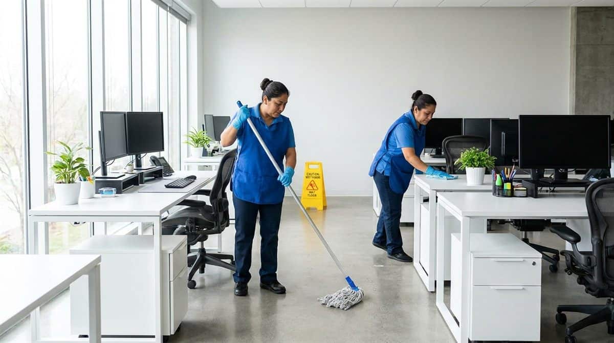 Dos trabajadoras de limpieza profesional limpiando oficina moderna, una trapeando y otra limpiando escritorios