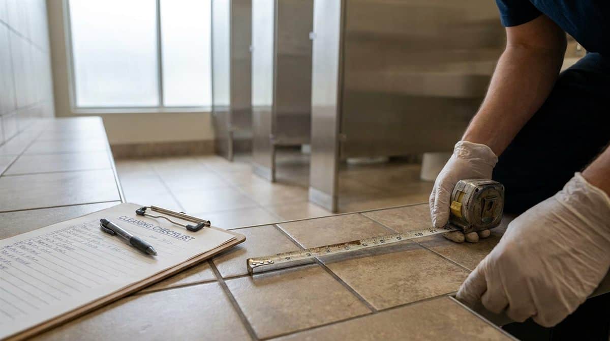 Manos midiendo piso de baño comercial con cinta métrica, lista de verificación de limpieza en portapapeles al lado