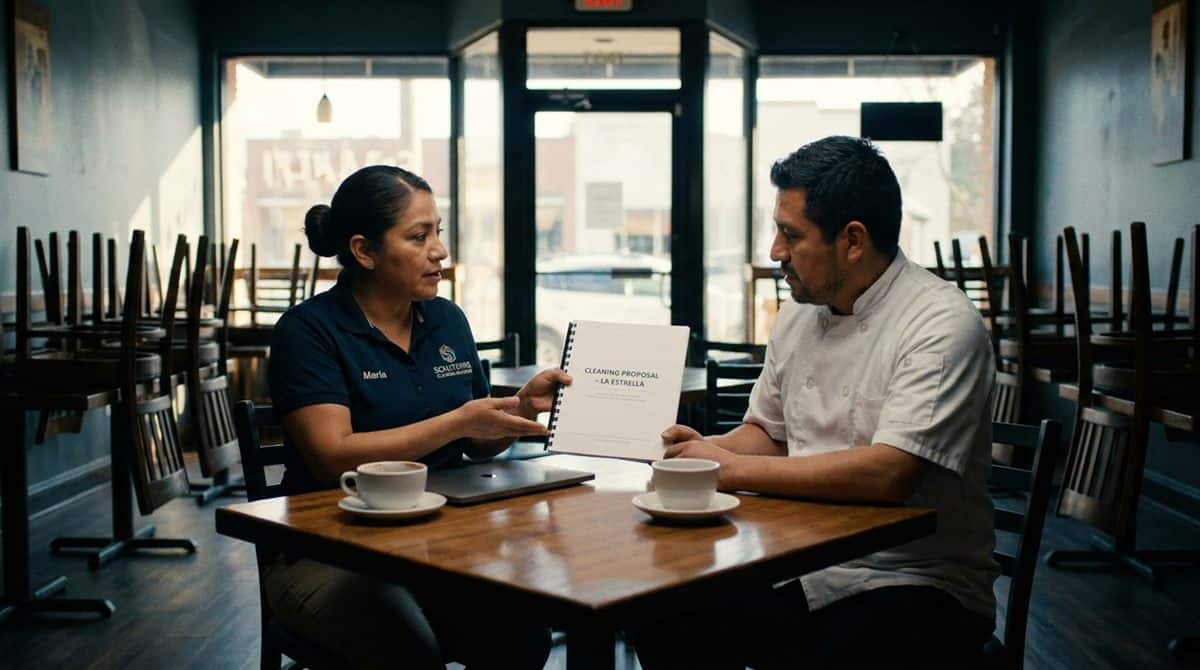 Dueña de empresa de limpieza presentando propuesta de servicio a dueño de restaurante en mesa antes de abrir