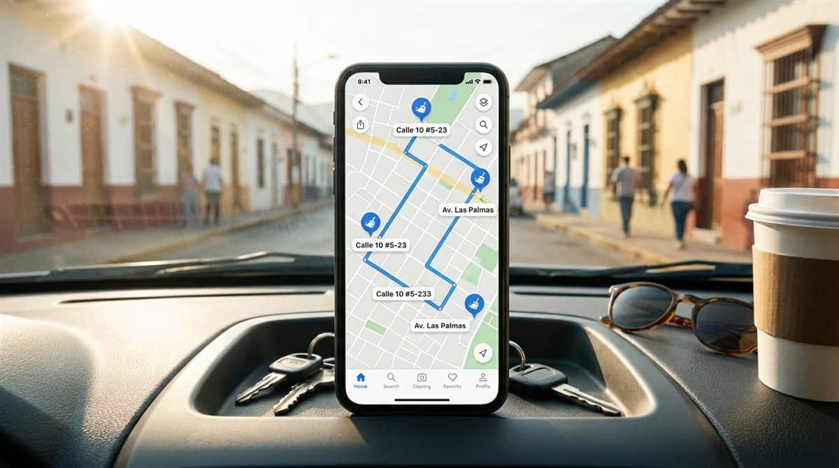 Teléfono con app de mapa mostrando ruta de limpieza con paradas numeradas en tablero de auto, calle latinoamericana al frente