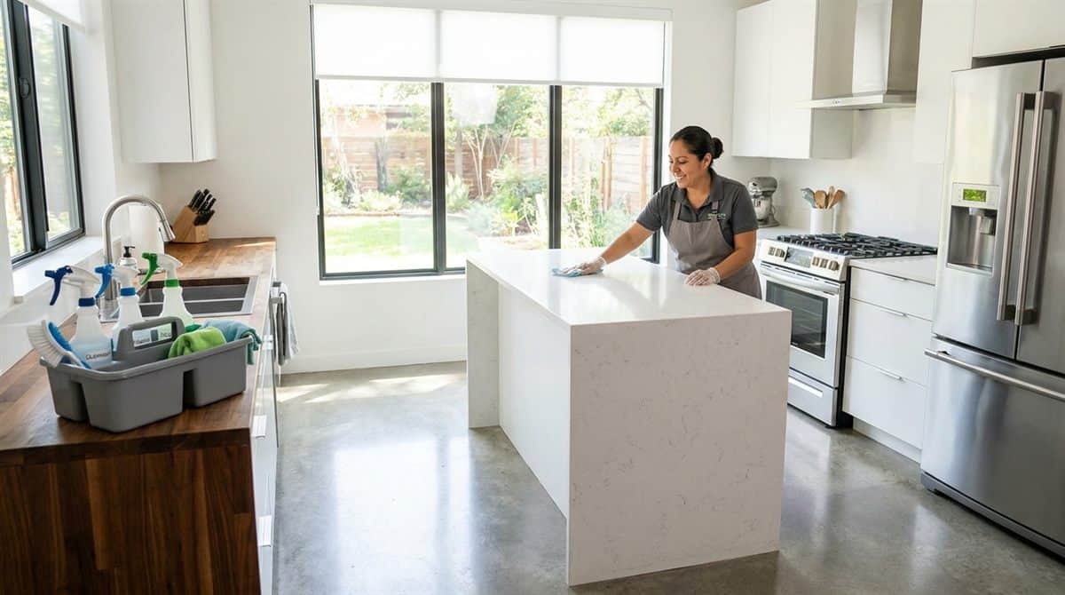 Profesional de limpieza latina terminando de limpiar cocina moderna residencial con productos organizados en caddy