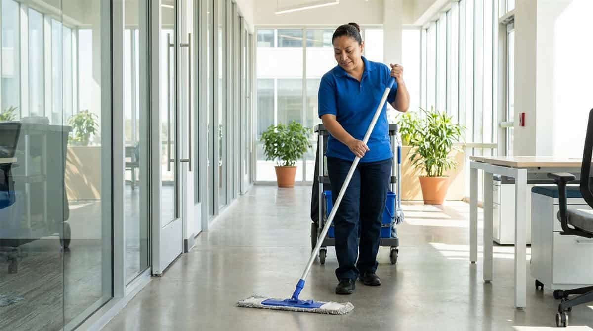 Trabajadora de limpieza latina haciendo mantenimiento diario con trapeador en oficina moderna con luz natural