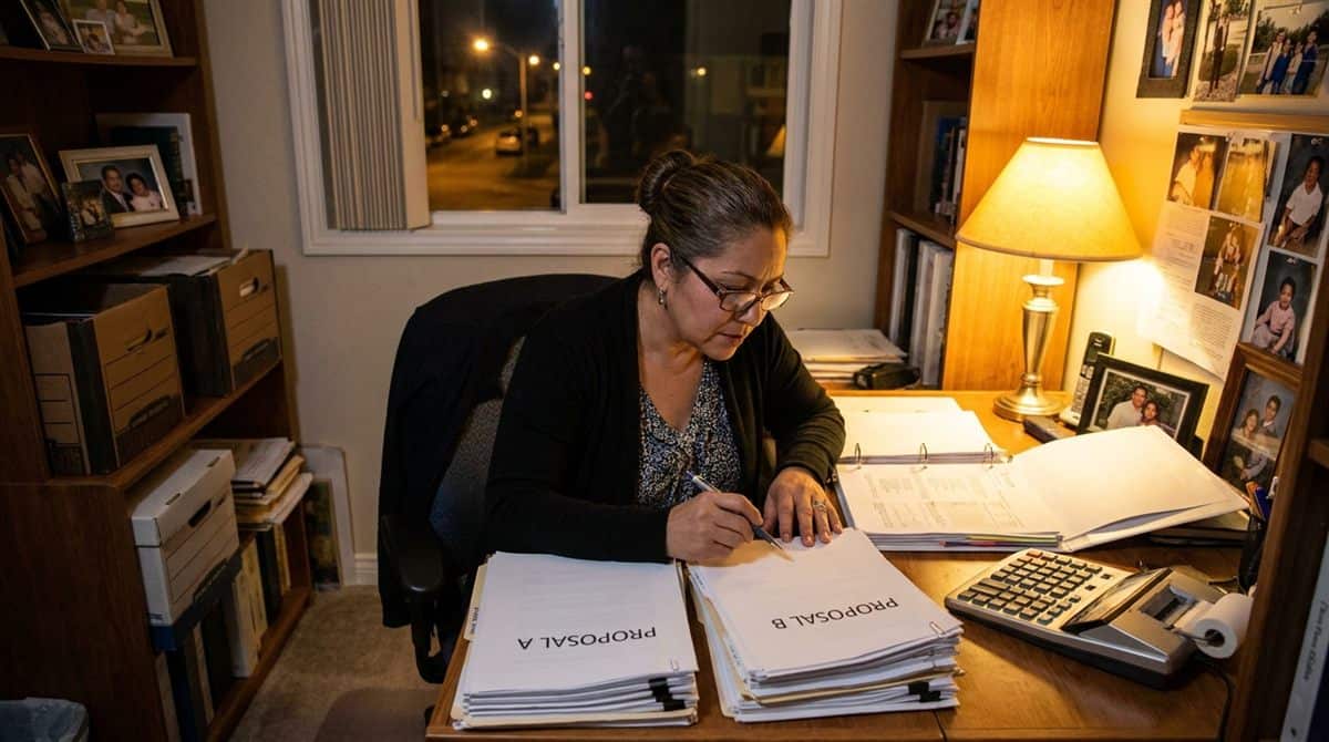 Dueña de empresa de limpieza revisando hojas de precios con calculadora en escritorio de oficina doméstica por la noche