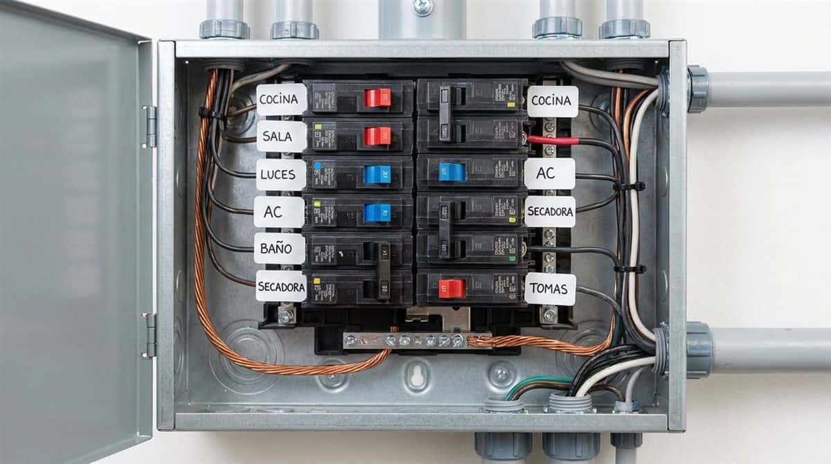 Detalle de instalación eléctrica en centro de carga residencial cumpliendo NOM-001-SEDE en México