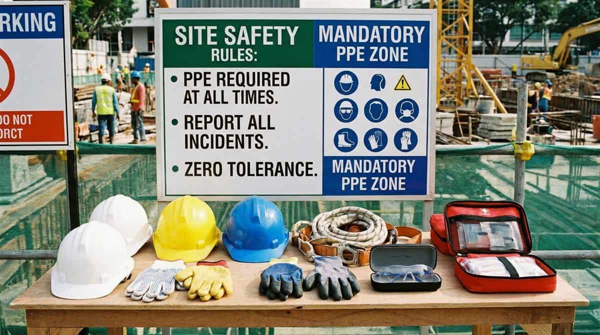 Equipo de protección personal y señalización de seguridad en obra de construcción en México