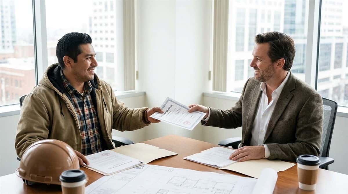 Contratista mexicano mostrando constancia de registro REPSE a representante de constructora