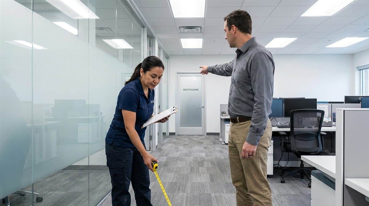 Operadora de limpieza midiendo piso de oficina comercial con cinta métrica durante recorrido de cotización