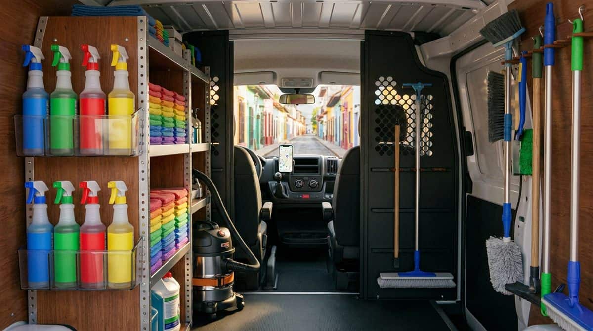 Interior de camioneta de limpieza organizada con insumos profesionales y celular mostrando ruta de clientes