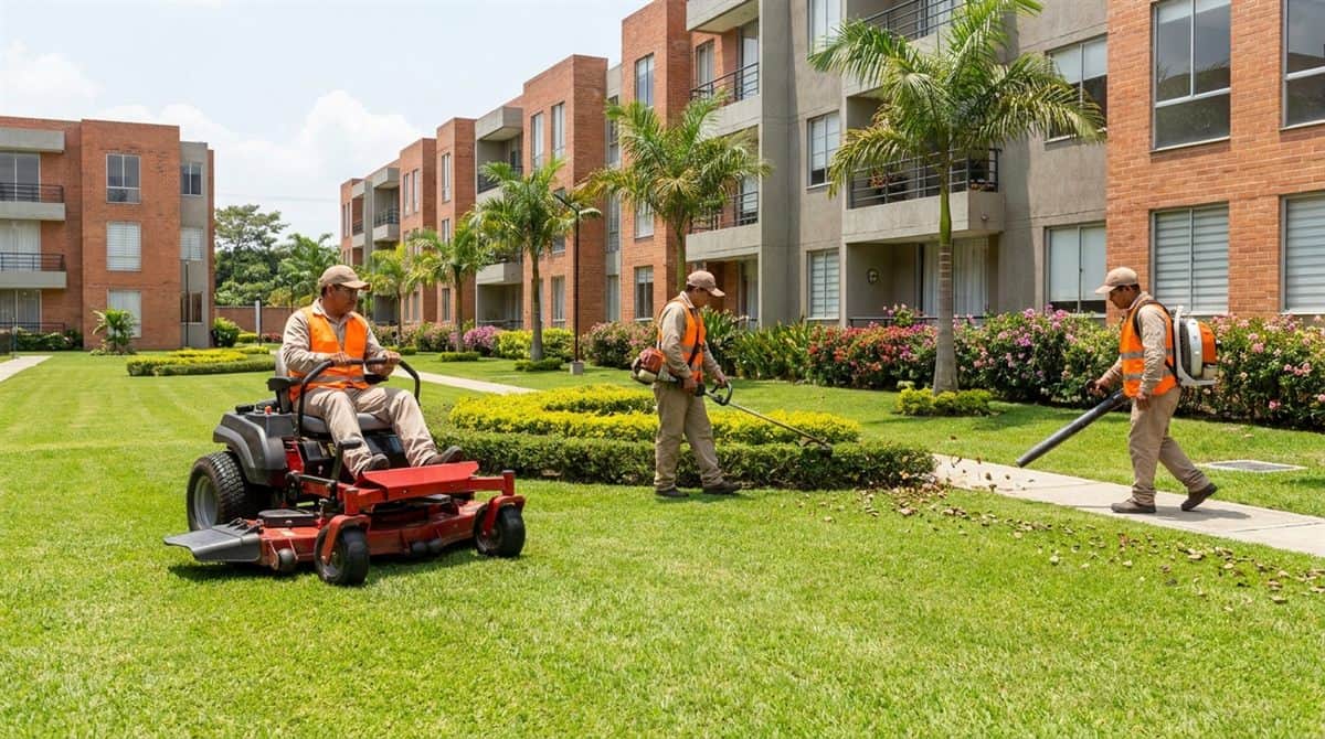 Cuadrilla de tres jardineros trabajando coordinadamente en areas verdes de condominio comercial con equipo profesional