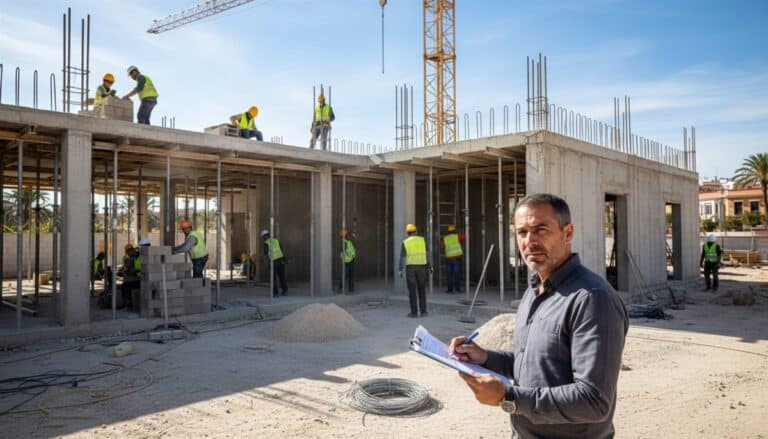 Capataz supervisando obra de construcción con múltiples oficios según ley subcontratación construcción España