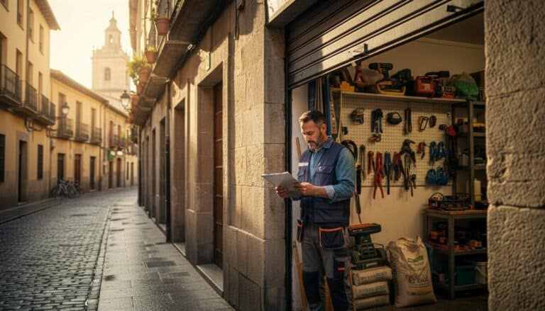 Autónomo revisando documentos de licencia apertura taller en la entrada de su local de reformas en España