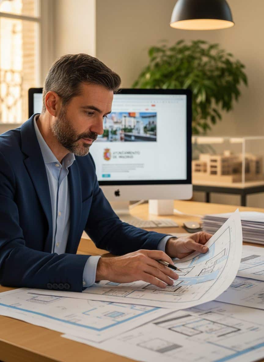Técnico elaborando proyecto técnico para licencia apertura taller autónomo en España