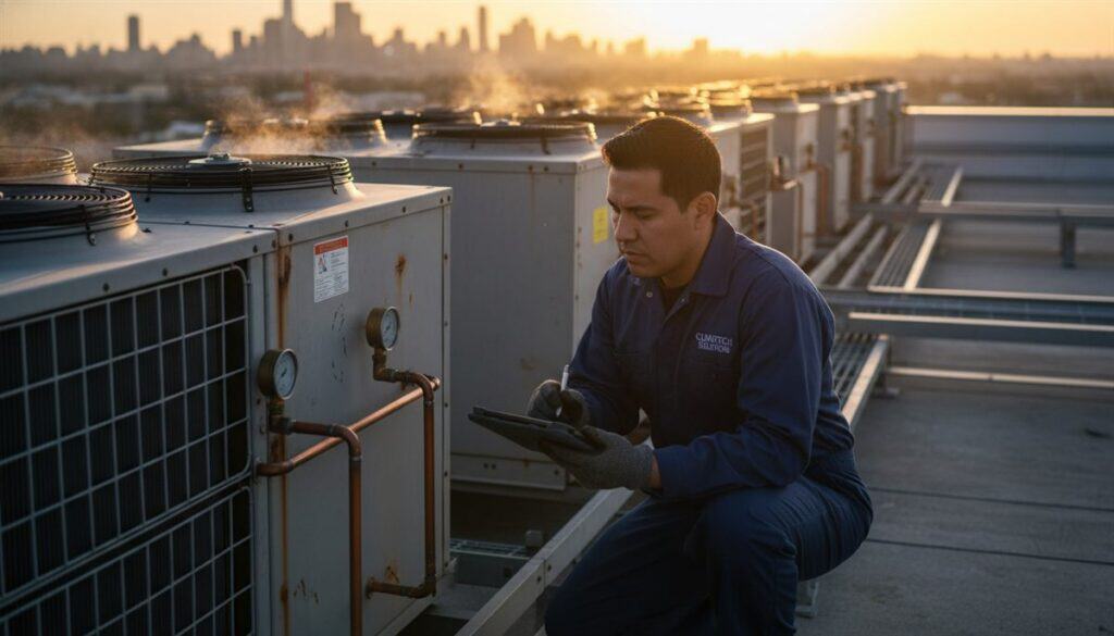 Técnico revisa unidades HVAC de azotea con una tablet frente al horizonte urbano al atardecer