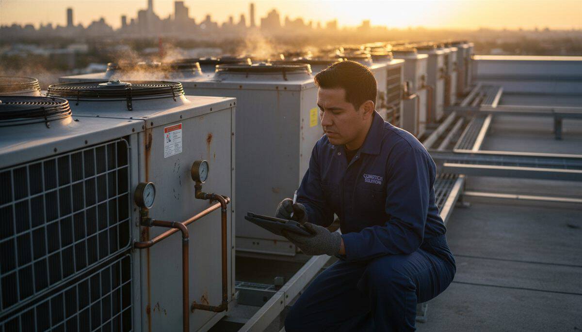 Técnico revisa unidades HVAC de azotea con una tablet frente al horizonte urbano al atardecer