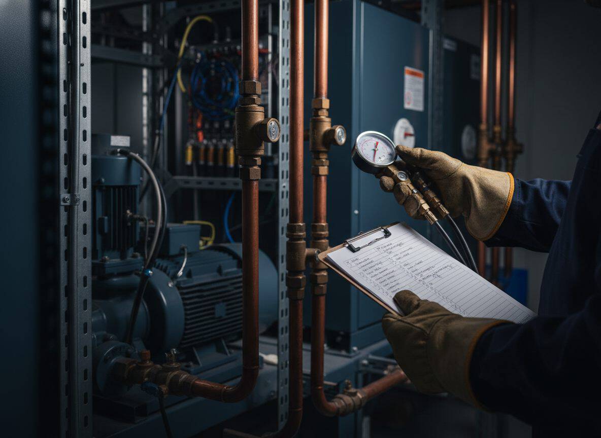 Técnico de un negocio HVAC comercial revisa un chiller y líneas de cobre con manómetro y checklist