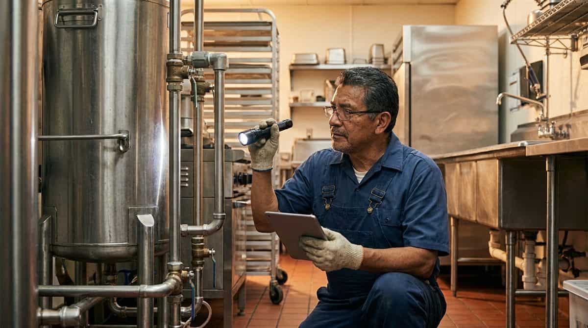 Plomero inspeccionando sistema de agua caliente comercial en cocina de restaurante