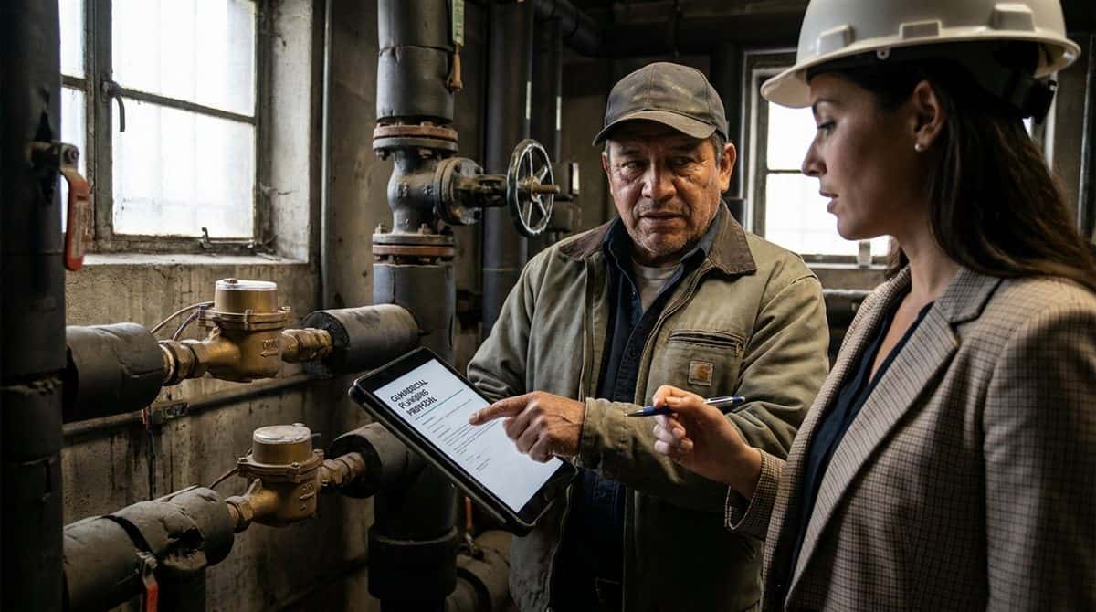 Plomero revisando propuesta comercial en tablet con administradora de edificio en cuarto de máquinas