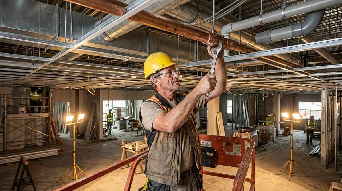 Plomero trabajando en tuberías comerciales expuestas en techo de edificio en renovación