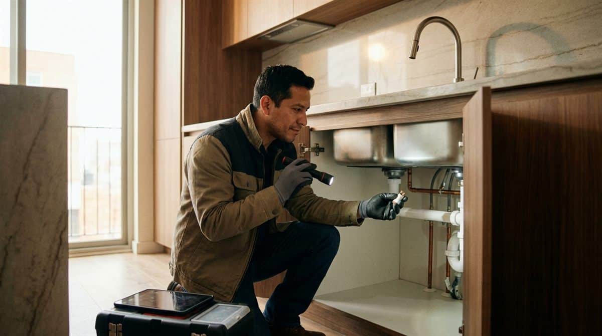 Plomero realizando inspeccion preventiva de tuberias bajo fregadero de cocina