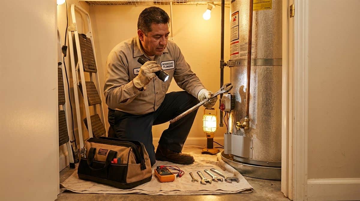 Plomero inspeccionando calentador de agua en closet de servicio con linterna