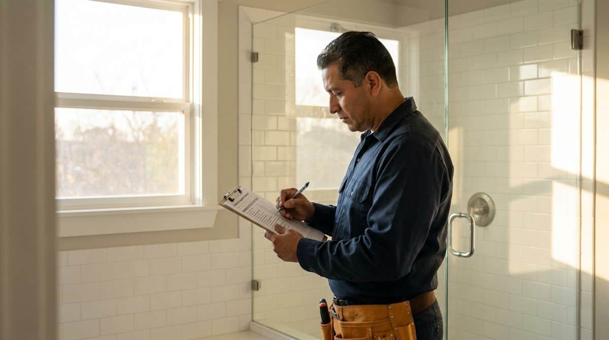 Plomero documentando inspección preventiva con clipboard en baño residencial