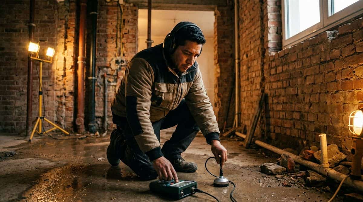 Plomero usando equipo electronico de deteccion de fugas en piso de concreto