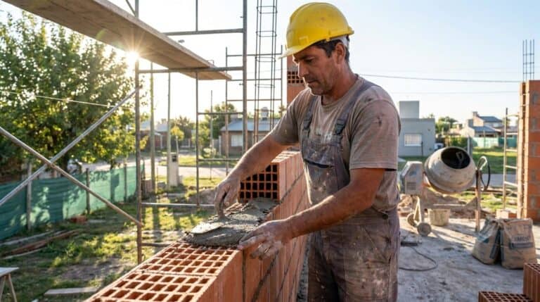 Albanil argentino colocando ladrillos huecos en obra de construccion residencial