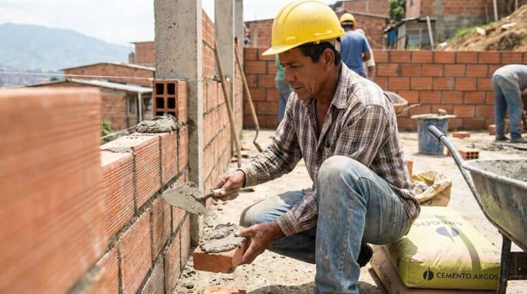 Albañil colombiano levantando muro de ladrillo en obra de construcción