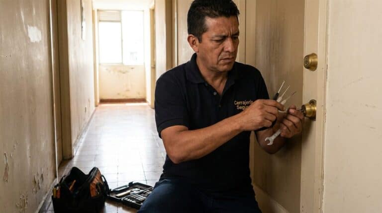 Cerrajero colombiano trabajando en cerradura de puerta residencial