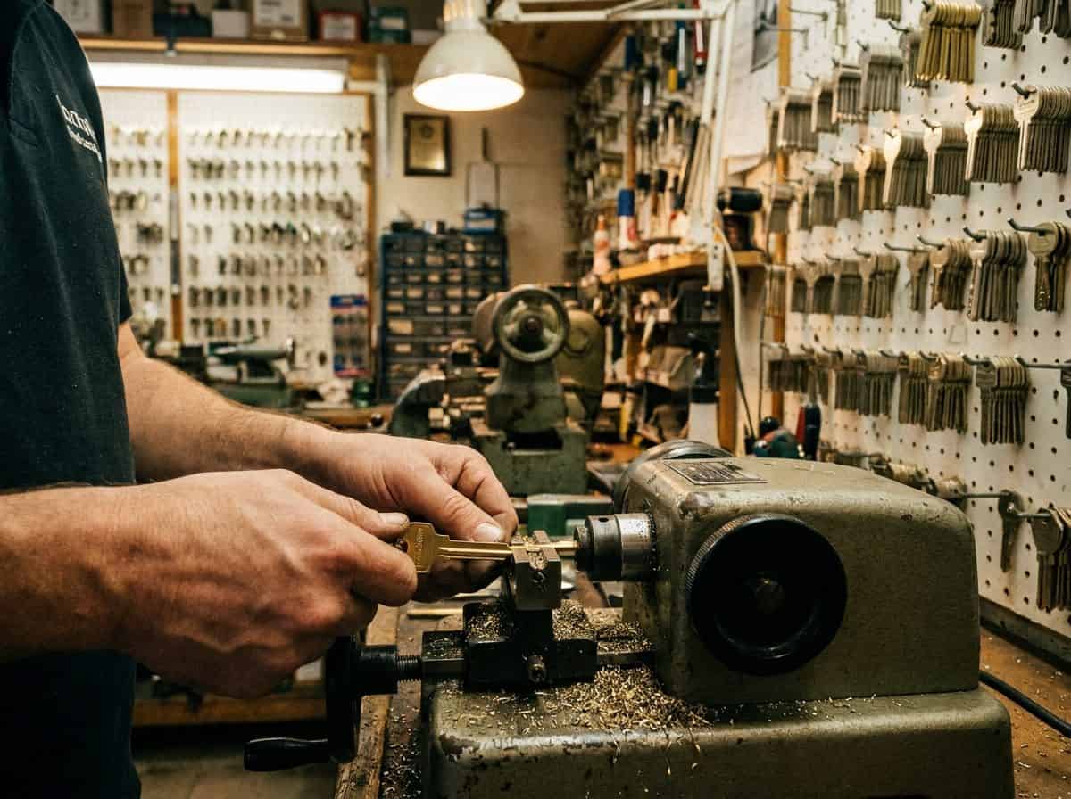 Manos de cerrajero duplicando llave en máquina cortadora profesional