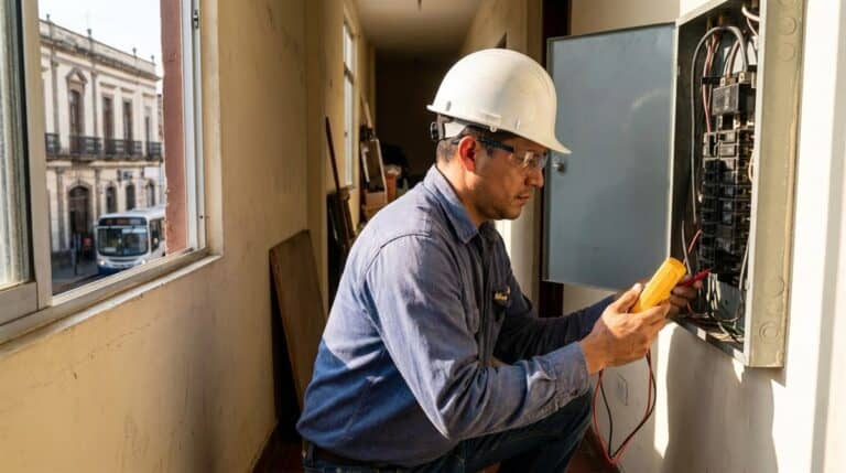 Electricista argentino trabajando en tablero electrico residencial con multimetro en Buenos Aires