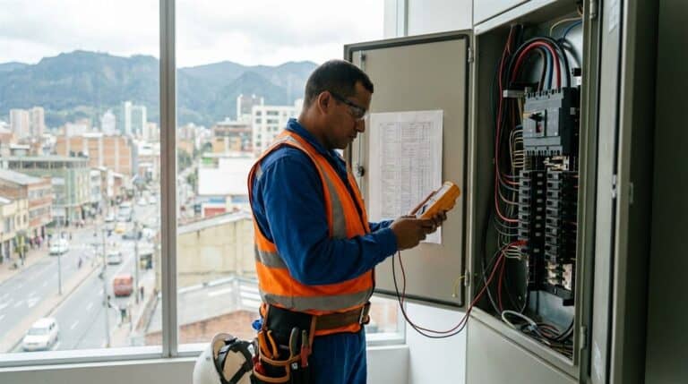 Electricista colombiano revisando tablero eléctrico con multímetro en edificio comercial de Bogotá