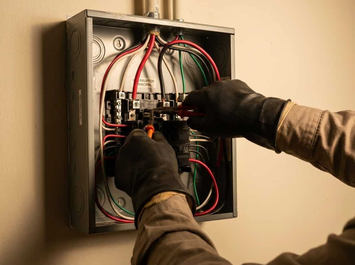 Manos de electricista conectando cableado en caja eléctrica residencial en Colombia