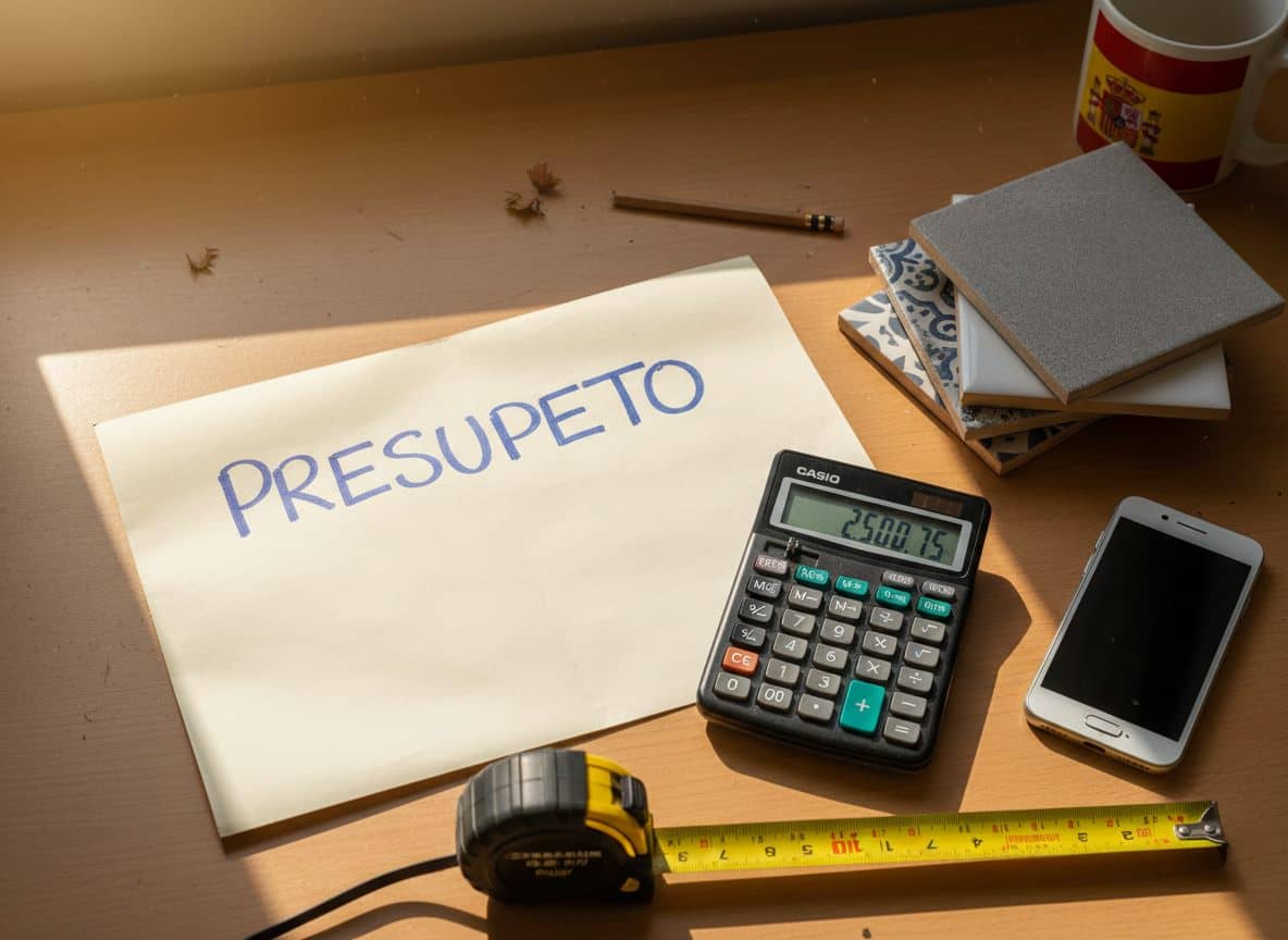 Presupuesto de reforma en España con calculadora, muestras de azulejos y cinta métrica