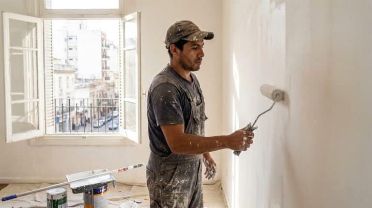 Pintor argentino aplicando latex con rodillo en pared interior departamento Buenos Aires