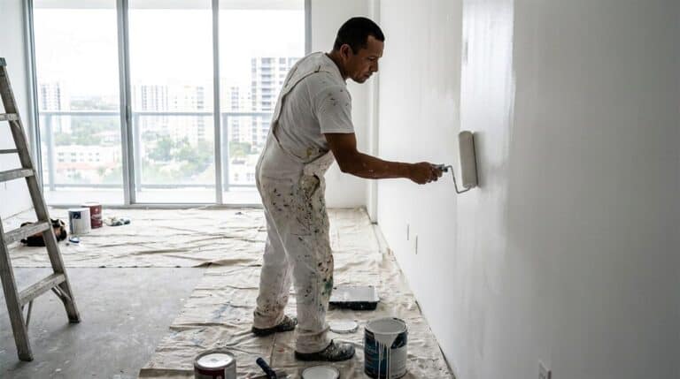 Pintor colombiano aplicando pintura con rodillo en apartamento en renovación