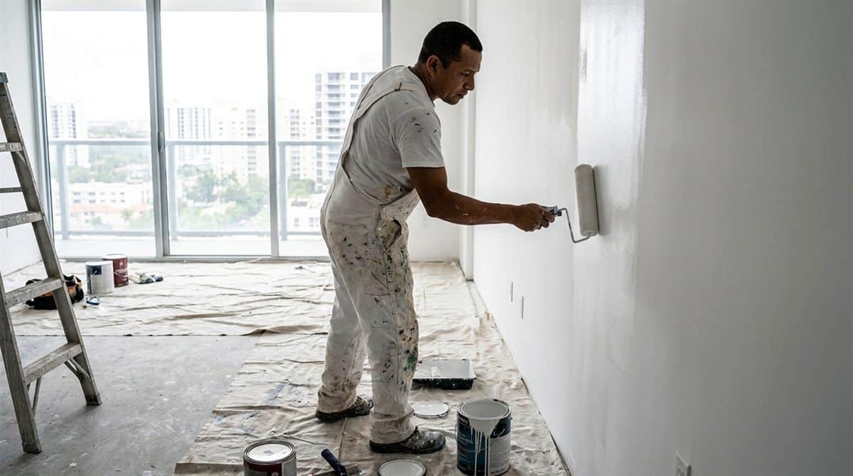 Pintor colombiano aplicando pintura con rodillo en apartamento en renovación