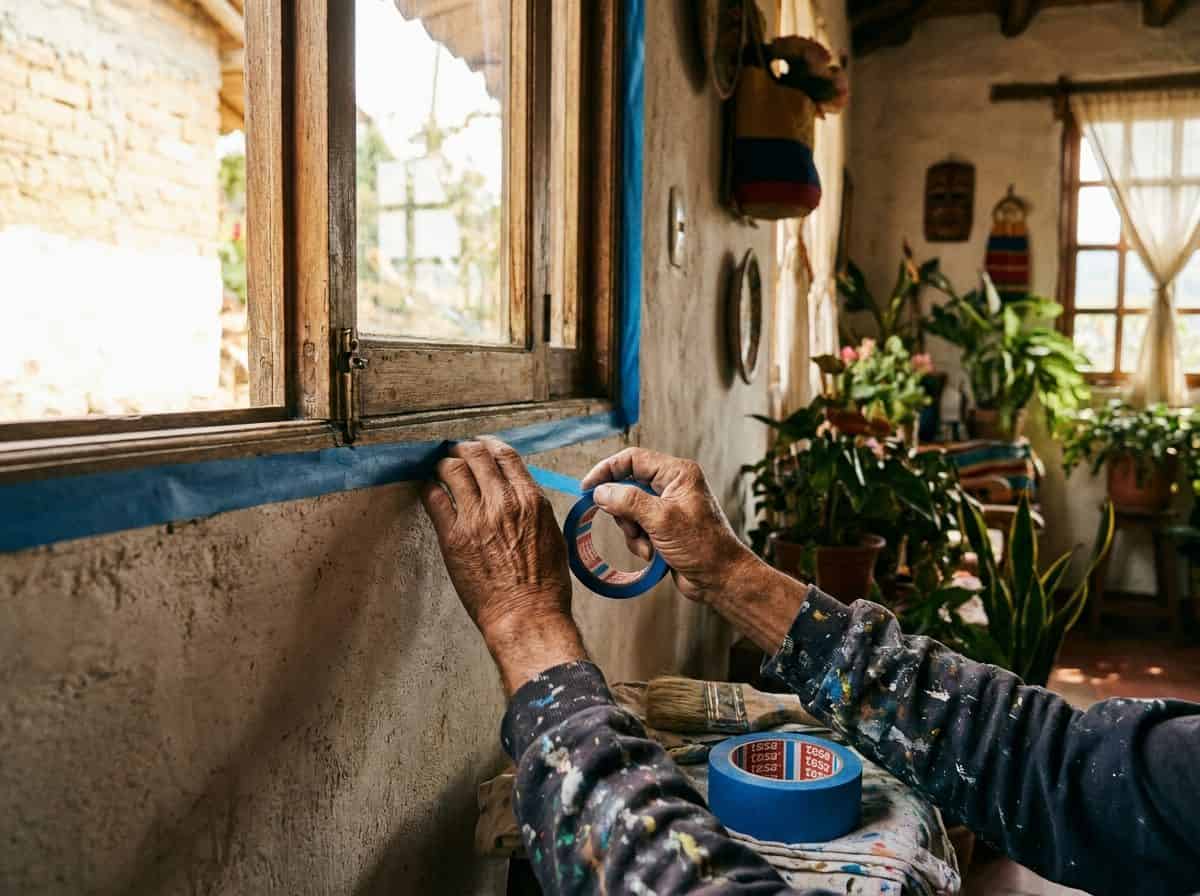 Manos de pintor aplicando cinta de enmascarar en marco de ventana antes de pintar