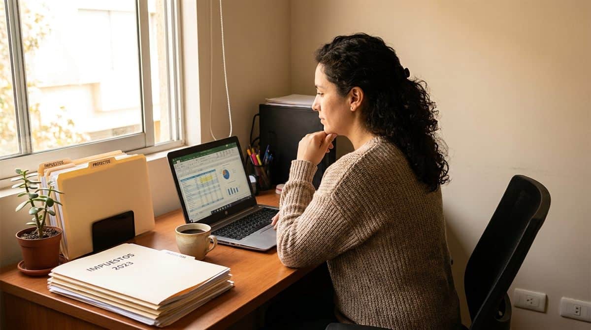 Contratista chilena revisando registros financieros en su laptop desde una oficina en casa por la manana