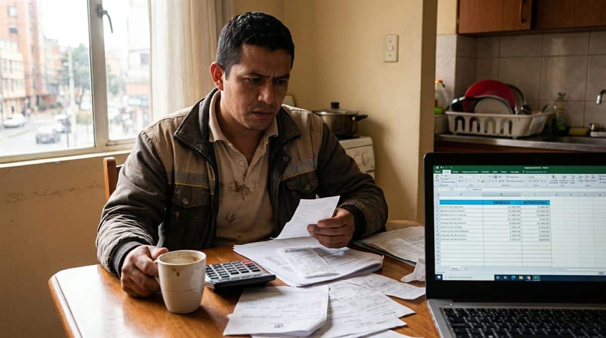 Contratista colombiano revisando recibos de pago y retenciones en su mesa de trabajo con laptop y calculadora