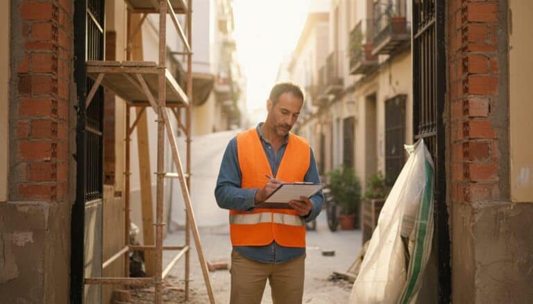 Electricista autónomo español revisando seguro RC autónomos en documentación frente a obra de reforma