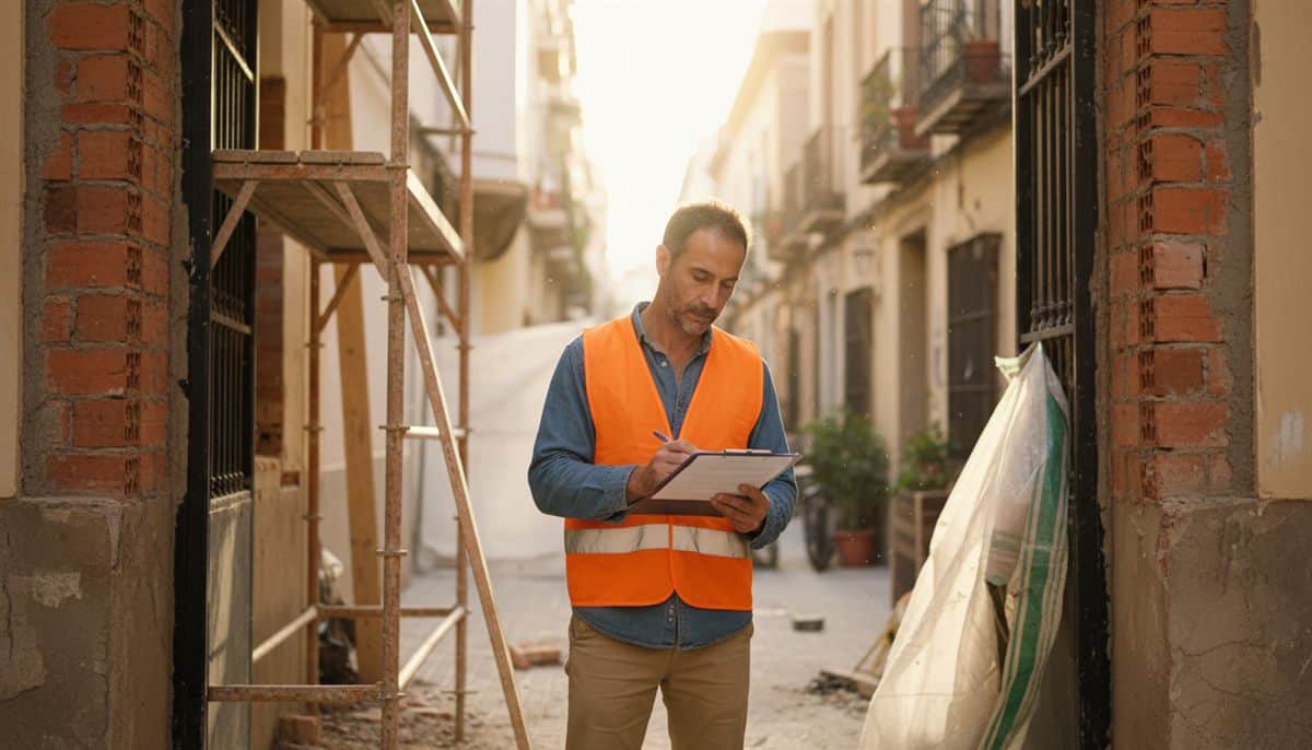 Electricista autónomo español revisando seguro RC autónomos en documentación frente a obra de reforma