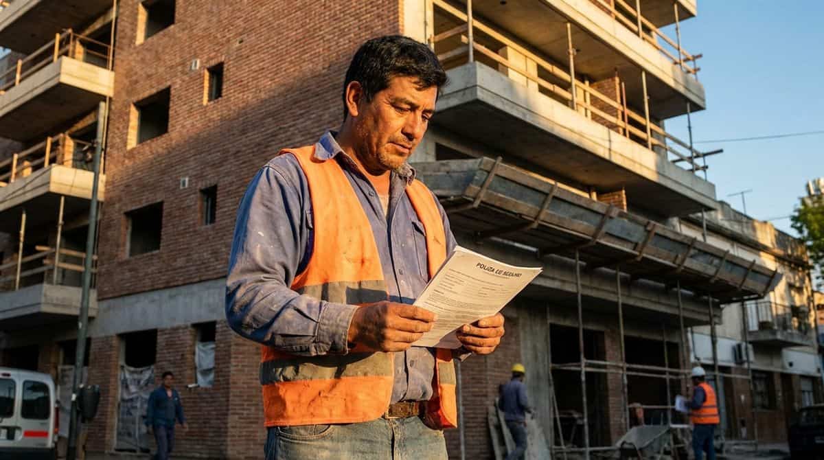 Contratista argentino revisando una poliza de seguro de responsabilidad civil en una obra residencial al atardecer