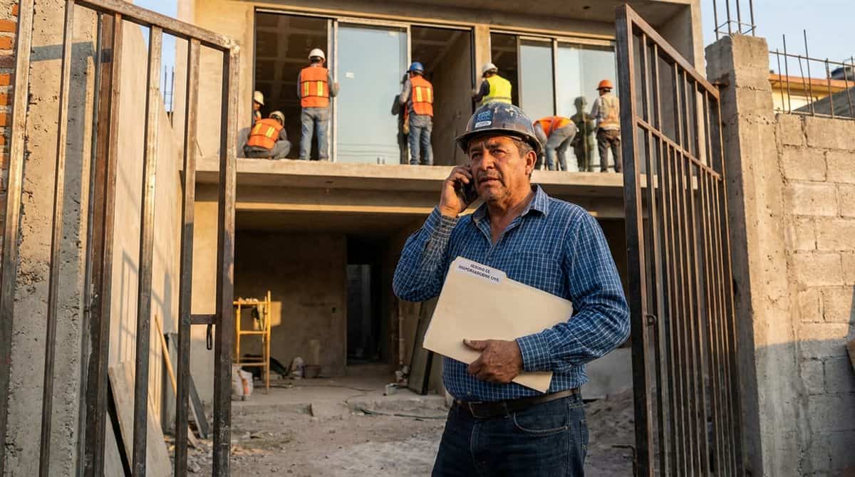Contratista mexicano hablando por telefono con carpeta de seguro de responsabilidad civil en una obra residencial