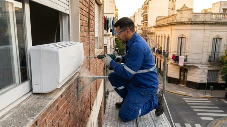 Tecnico instalando unidad exterior aire acondicionado split en fachada edificio Buenos Aires