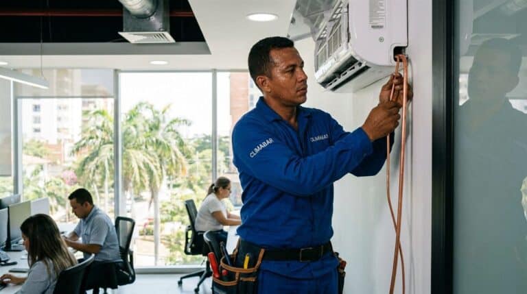 Técnico colombiano instalando minisplit de aire acondicionado en oficina
