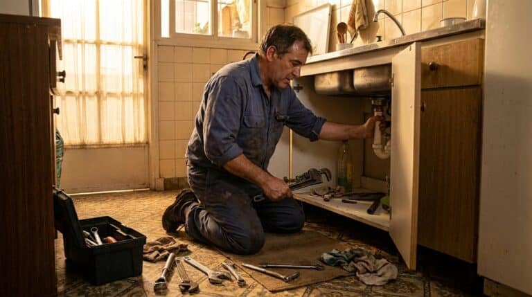 Plomero argentino trabajando bajo pileta de cocina con llave inglesa en departamento
